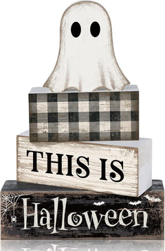 Lineshading 4 Pcs Pink Halloween Tiered Tray Decor, Wooden Ghost Signs