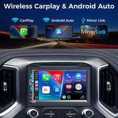 Double Din Car Stereo with 7" HD Touchscreen, Wireless Apple Carplay & Android Auto, Bluetooth, 240W, SWC, Subwoofer Output, Mirror Link, FM/AM Car Radio Receiver, Backup Camera