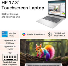 HP 17 Inch Laptop Touchscreen Computer, 17.3 HD+ Business Laptop AI PC, Intel Core 5(10-Core, Beat i7-1355U), 32GB RAM 2TB SSD, Windows 11 Pro, Backlit Keyboard, USB-C(Displayport)&HDMI