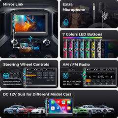 Double Din Car Stereo with 7" HD Touchscreen, Wireless Apple Carplay & Android Auto, Bluetooth, 240W, SWC, Subwoofer Output, Mirror Link, FM/AM Car Radio Receiver, Backup Camera