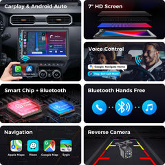Double Din Car Stereo with 7" HD Touchscreen, Wireless Apple Carplay & Android Auto, Bluetooth, 240W, SWC, Subwoofer Output, Mirror Link, FM/AM Car Radio Receiver, Backup Camera