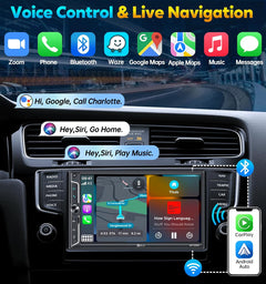 PLZ 7" Wireless Double Din Car Stereo Apple Car Play Radio Carplay Android Auto QLED Touch Screen, Bluetooth 5.3 Audio Receivers, 1080P Backup Camera, 4.2 Channel Outputs 240W, 2 Subwoofer, FM/AM, SWC