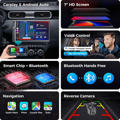 Double Din Car Stereo with 7" HD Touchscreen, Wireless Apple Carplay & Android Auto, Bluetooth, 240W, SWC, Subwoofer Output, Mirror Link, FM/AM Car Radio Receiver, Backup Camera
