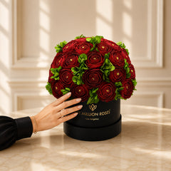 Classic Black Box | Red Persian Buttercups & Green Hydrangeas